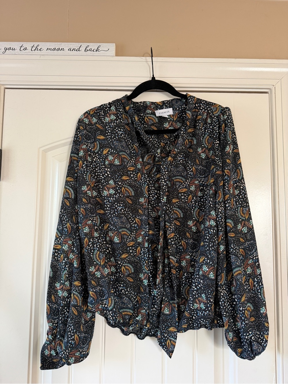 Evereve Black Paisley Tie-Neck Blouse with Mustard & Teal Accents